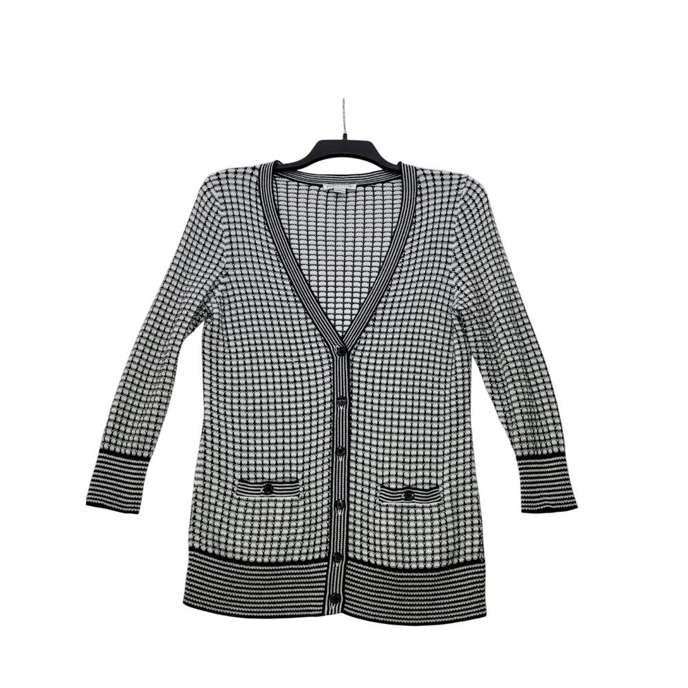 Pendleton Womens Black White Grid Knit Cardigan Sweater Size M Cotton Blend